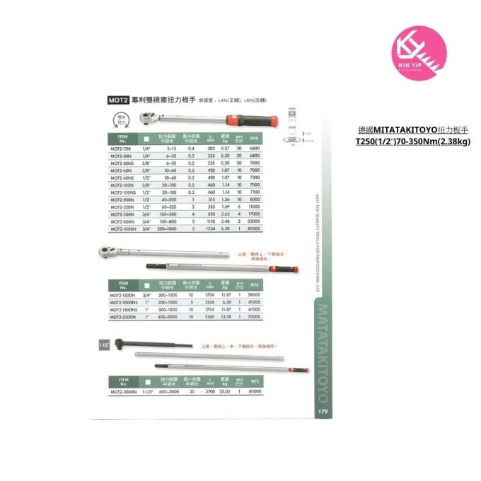 德國MITATAKITOYO扭力板手T250(1/2”)70-350Nm(2.38kg)